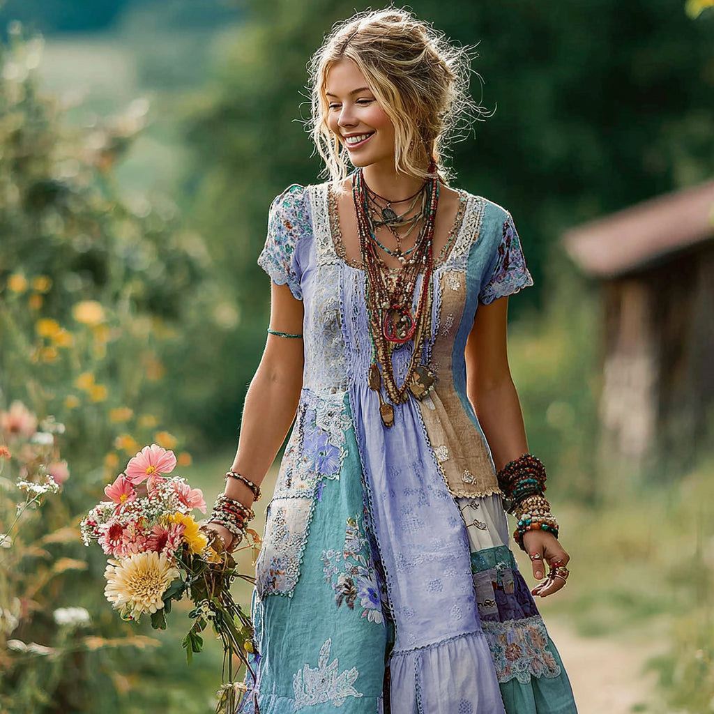 Women's Floral Color Block Round Neck Short Sleeve Long Dress