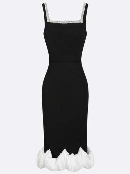 Black Rhinestone Ruched Knit Square Neck Sleeveless Bodycon Midi Dress