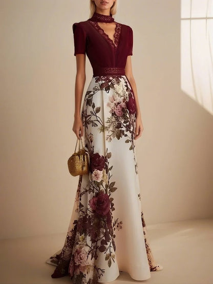 Beige Floral Satin Deep V Neck Short Sleeve Mermaid Gown Dress