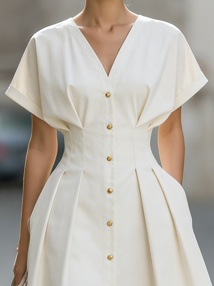V-Neck Short Sleeve Waist-Cinched Mini Dress With Gold Buttons