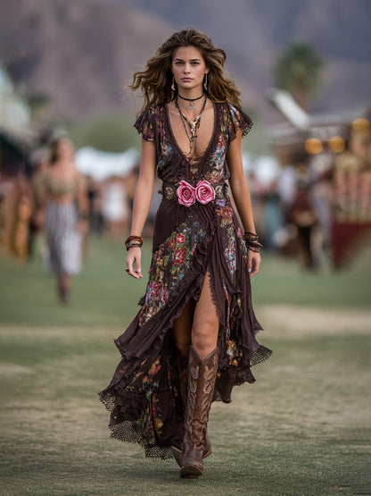 Boho Floral Print Chiffon Maxi Dress With Deep V-Neck And High Slit For Women