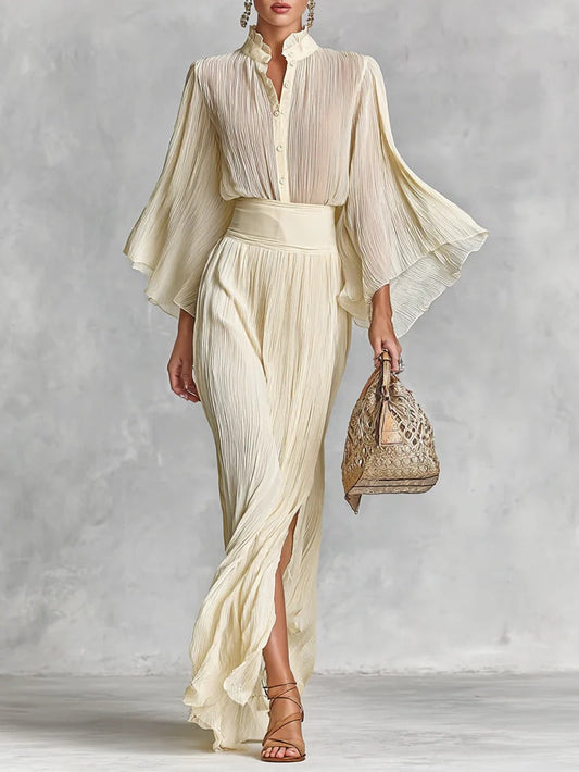 Pleated Stand Collar Trumpet Sleeve Shirt Slit Floor Length Skirt Two-piece Set