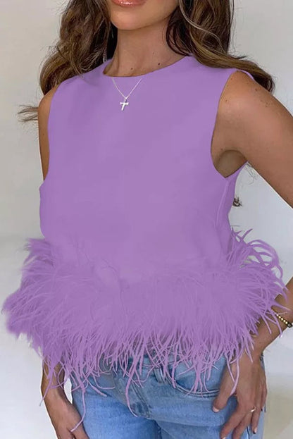 Eternally Glitzy Feather Trim Crop Tank Top