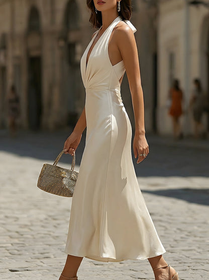 Elegant Satin Halter Neck Maxi Dress, Deep V-Neck Ruched Bodycon Evening Gown
