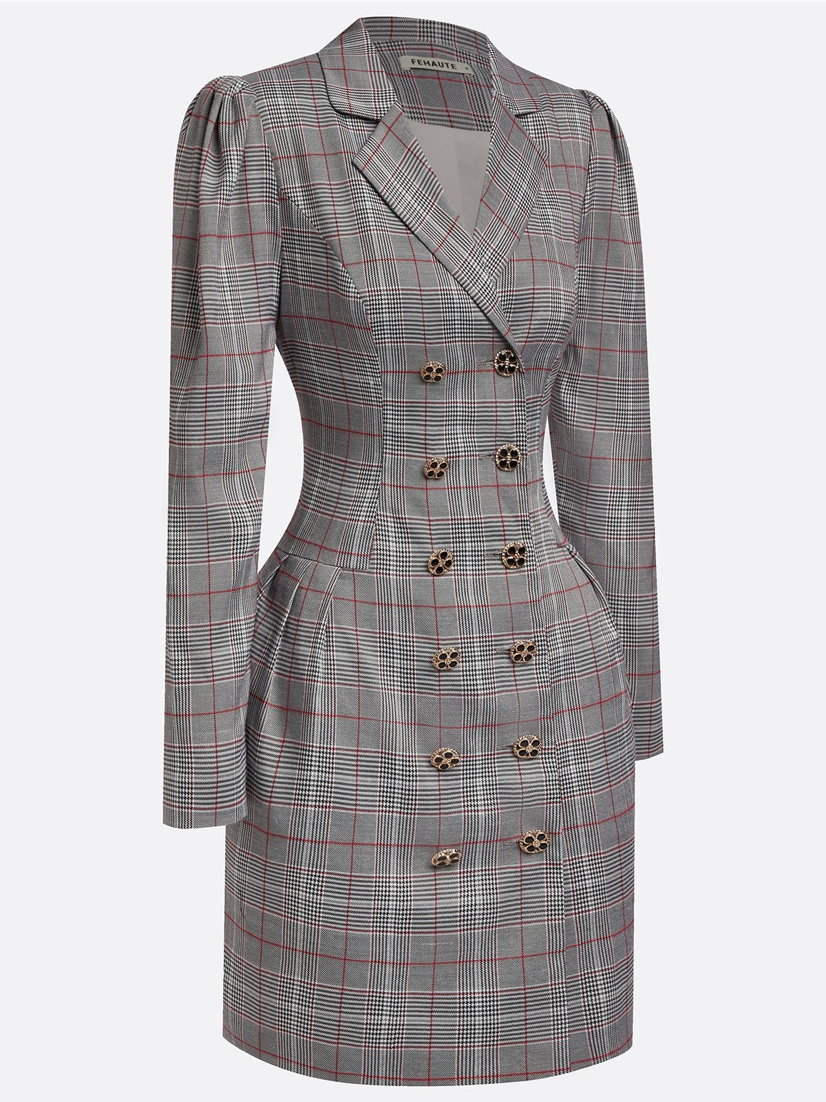 Gray Buckle Shoulder Pad Blazer Lapel Collar Long Sleeve A-Line Mini Dress