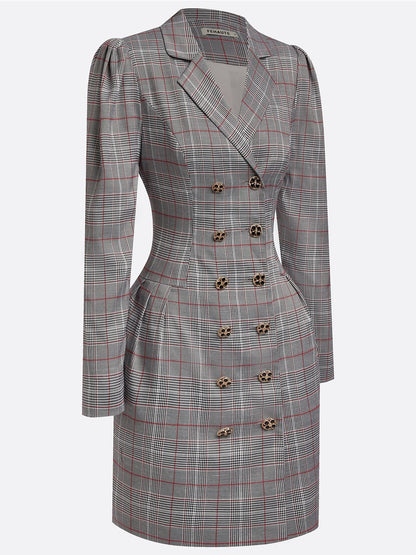 Gray Buckle Shoulder Pad Blazer Lapel Collar Long Sleeve A-Line Mini Dress
