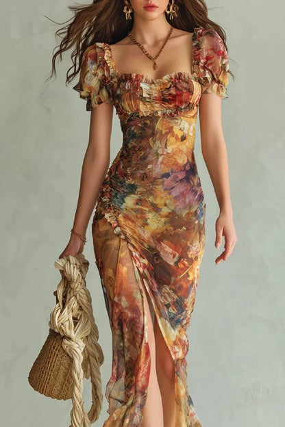 Orange Bohemian Holiday Oil Painting Print Chiffon Maxi Dress