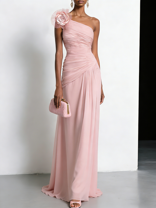 Pink Chiffon Removable 3D Floral Ruched Slit One Shoulder Sleeveless Sheath Gown Dress