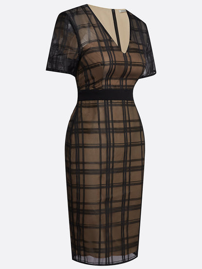 Black Organza Plaid Classic V Neck Short Sleeve Sheath Midi Dress