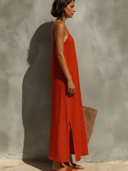 Women's Red Cotton Dress With Spaghetti Straps & Square Neck, Timeless Boho-Resort Style Dress MDZ0924C3I
