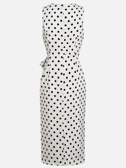 White Polka Dots Bow Classic V Neck Sleeveless Sheath Midi Dress