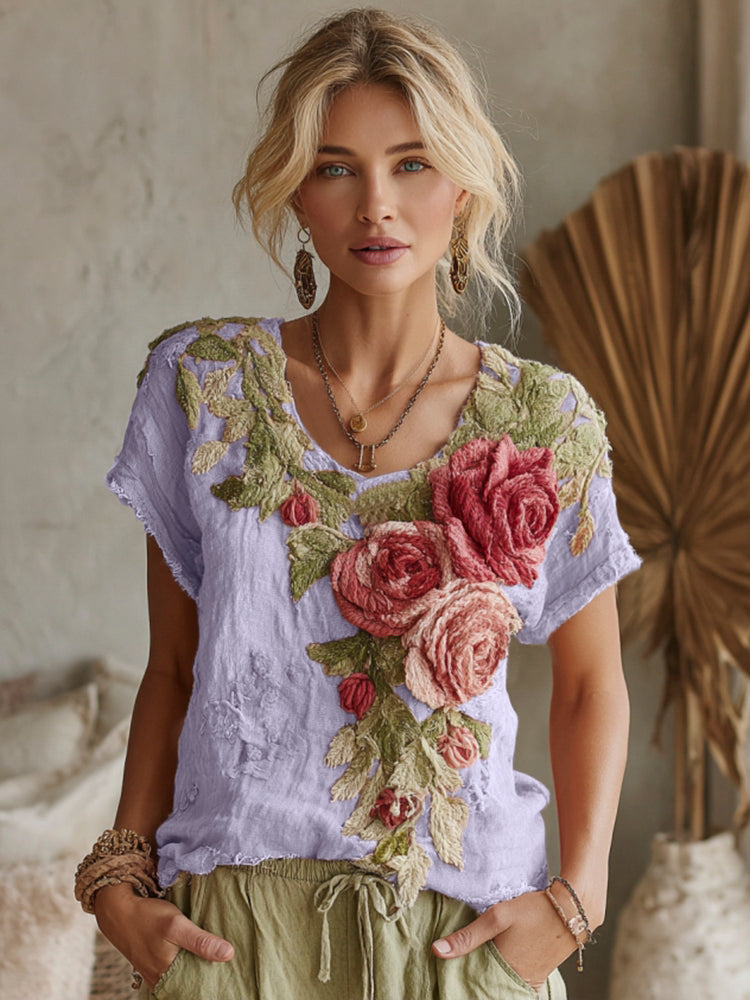 Women's Vintage Floral Art Linen Crew Neck Short Sleeve T-shirt 1499