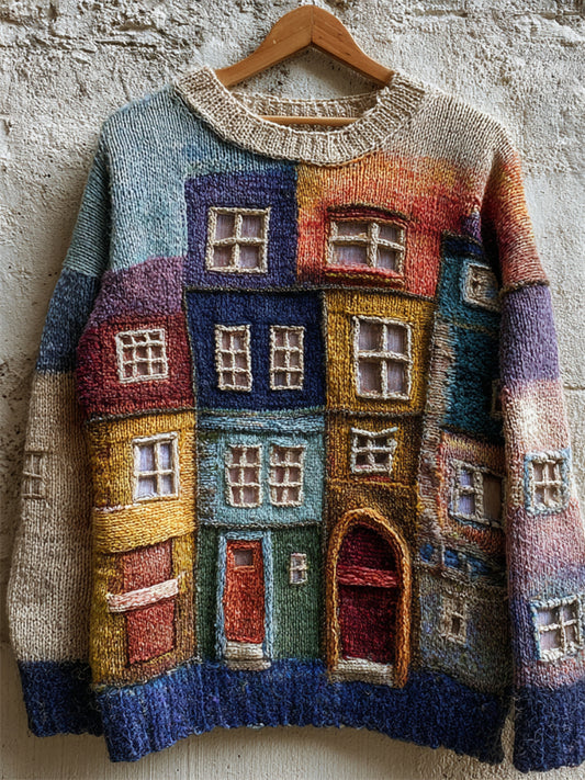 Colorful Street Building Patchwork Cozy Knit Sweater