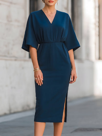 V-Neck Relaxed Sleeve Waist-Defined Midi Dress