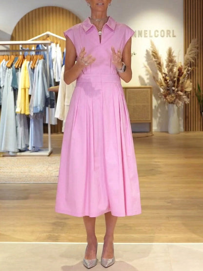 Women's Solid-color Shirt-collar Sleeveless Loose-fit Casual Cotton Dress