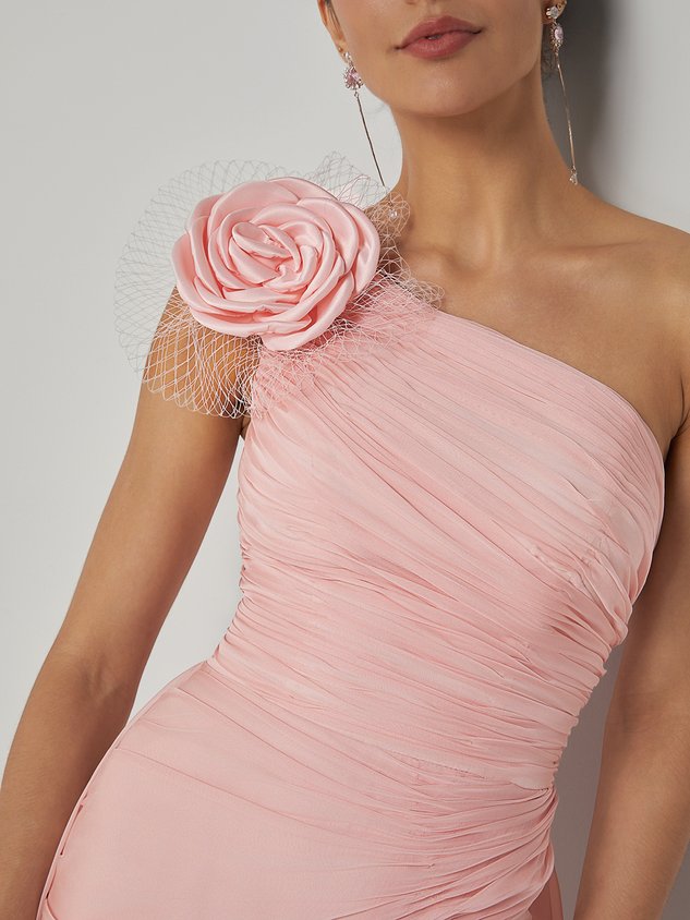 Pink Removable 3D Floral Chiffon One Shoulder Sleeveless Sheath Gown Dress