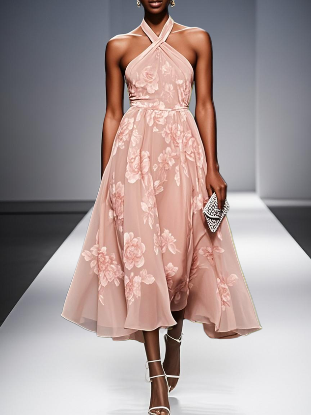 Yellow Floral Jacquard Chiffon Halter Sleeveless A-Line Midi Dress