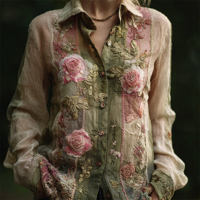 Vintage Pink Roses Embroidered Patchwork Flowy Linen Blouse