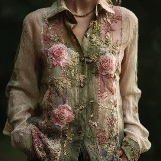 Vintage Pink Roses Embroidered Patchwork Flowy Linen Blouse