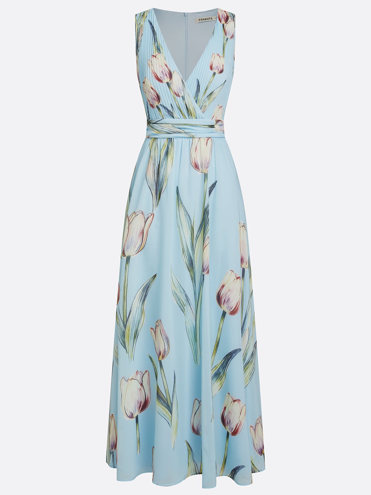 Light Blue Floral Chiffon V Neck Sleeveless A-Line Floor-length Gown Dress