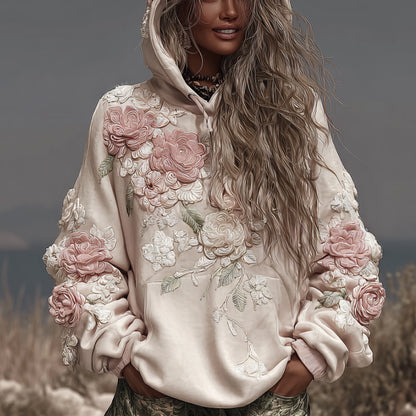 Women's Rose Pattern White Casual Long-sleeved Sweatshirt