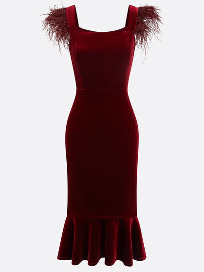 Wine Red Feather Velvet Square Neck Sleeveless Mermaid Midi Dress