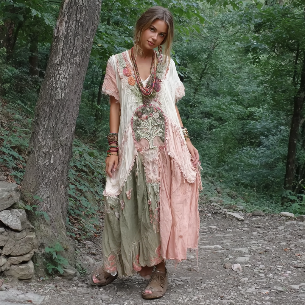 Women's Vintage Tree Of Life Patchwork Linen Dress