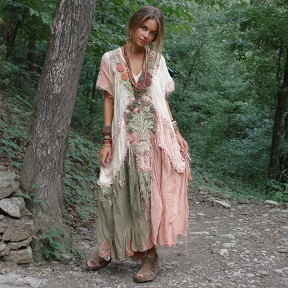 Women's Vintage Tree Of Life Patchwork Linen Dress
