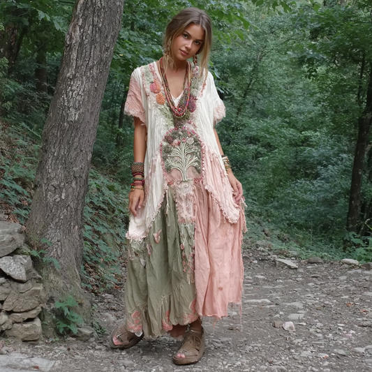 Women's Vintage Tree Of Life Patchwork Linen Dress
