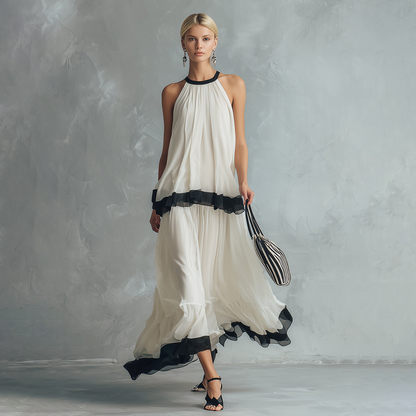 Elegant Minimalist Colour-blocked Ivory Chiffon Halter-neck Top And Maxi Skirt Ensemble