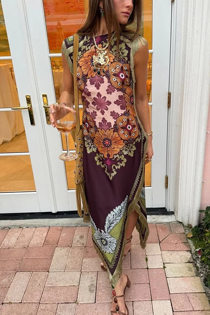 Bohemian Style Floral Print Tassel Trim Irregular Hem Slit Scarf Midi Dress