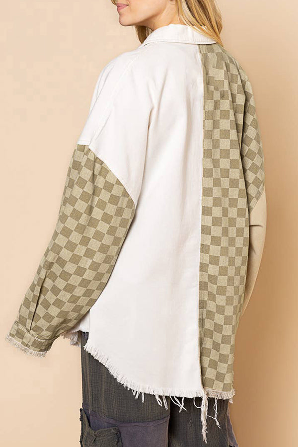 Check Panel Fringe Denim Jacket