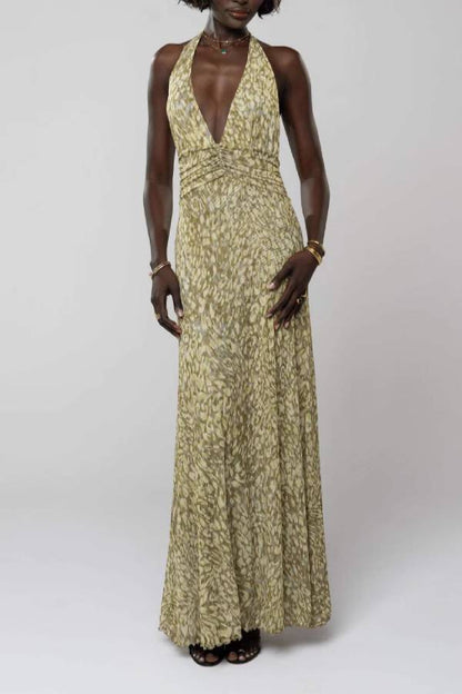 Halter-Neck Deep V Backless Printed Maxi Dress