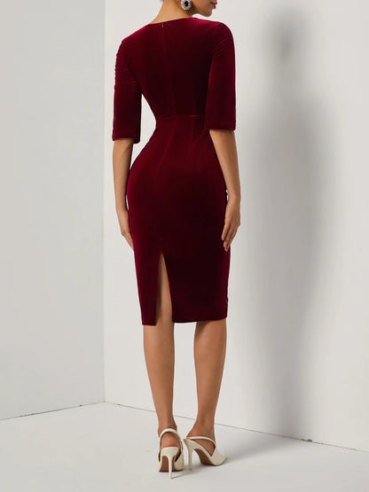 Wine Red Faux Pearl Velvet Boat Neck Half Sleeve Sheath Midi Dress