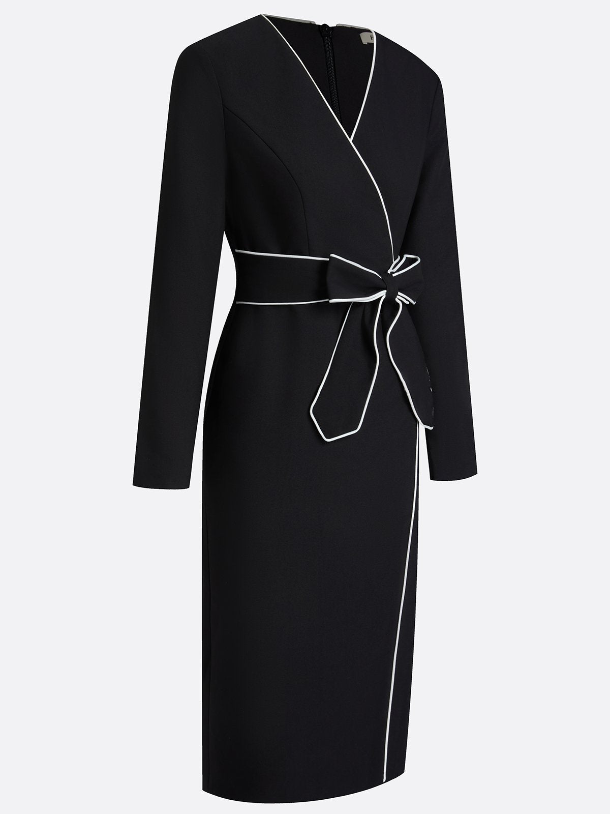 Black Piping Bow Classic V Neck Long Sleeve Sheath Midi Dress