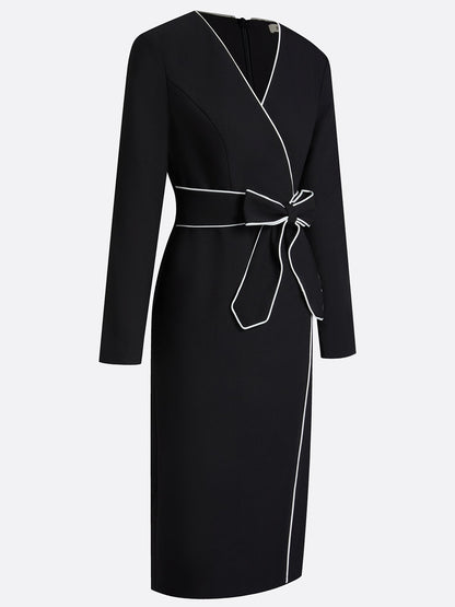 Black Piping Bow Classic V Neck Long Sleeve Sheath Midi Dress