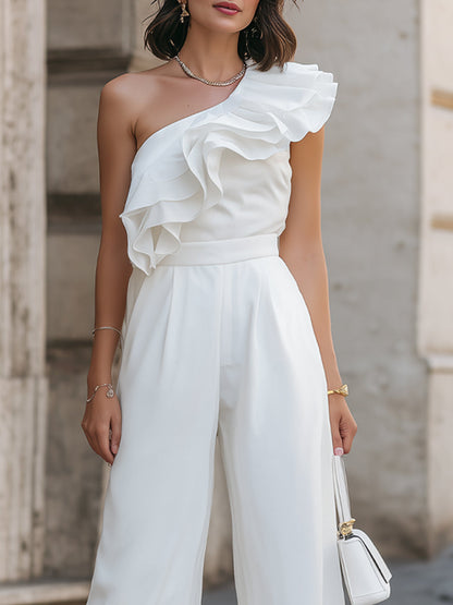 One-Shoulder Ruffle Detail Wide-Leg Jumpsuit