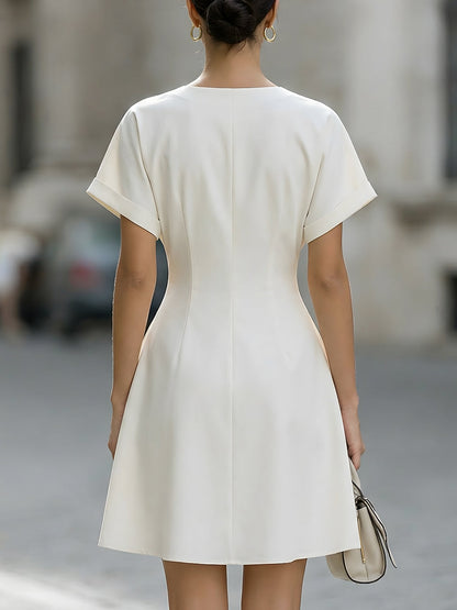 V-Neck Short Sleeve Waist-Cinched Mini Dress With Gold Buttons