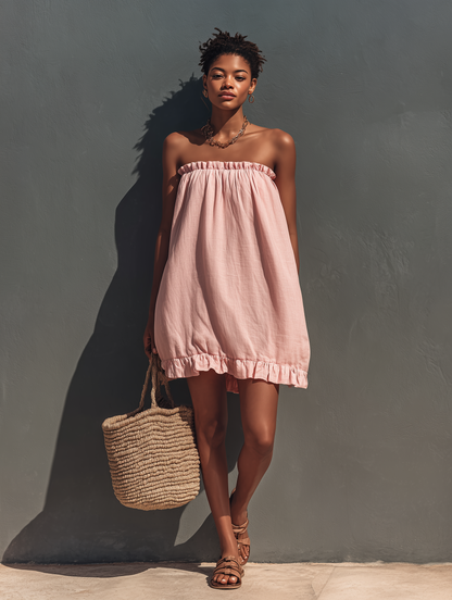Women’s Blush Pink Linen-Blend Strapless Ruffle Trim Mini Sundress MDZ1722D0T