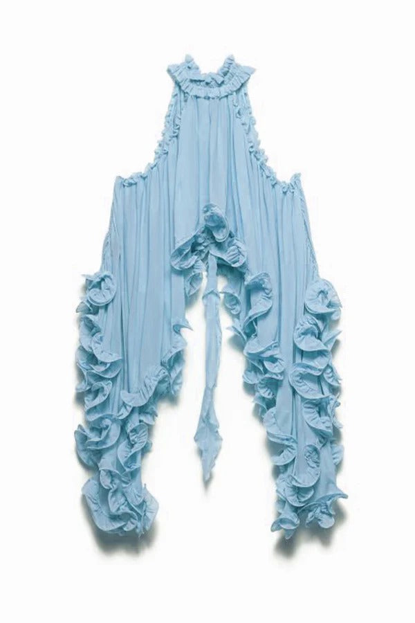 Delicate Romantic Drama Chiffon Wavy Ruffles Halter Irregular A-line Top