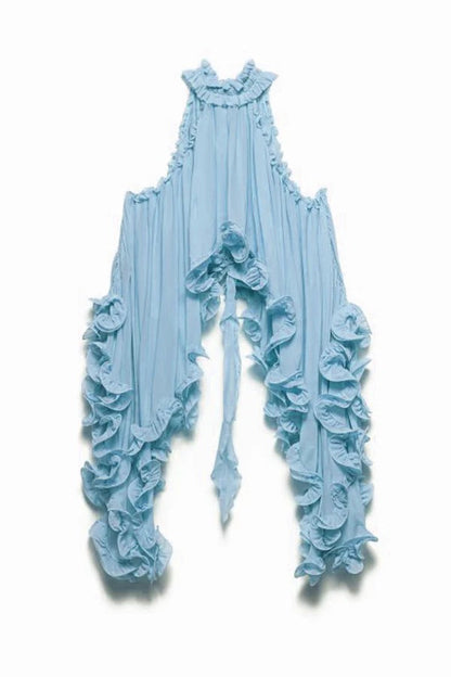 Delicate Romantic Drama Chiffon Wavy Ruffles Halter Irregular A-line Top
