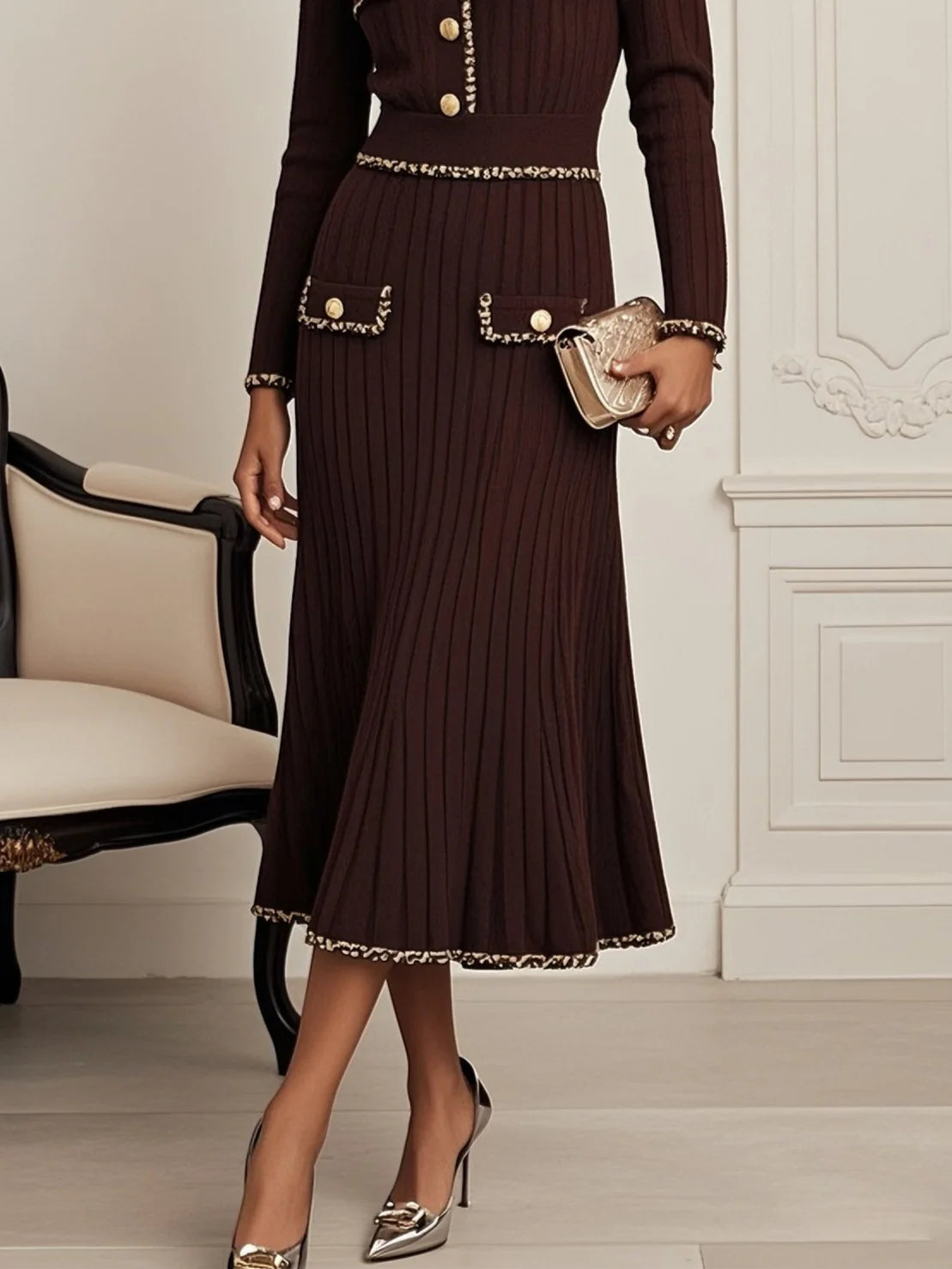 Red Brown Piping Buckle Sweater Lapel Collar Long Sleeve A-Line Midi Dress