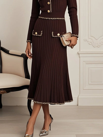 Red Brown Piping Buckle Sweater Lapel Collar Long Sleeve A-Line Midi Dress