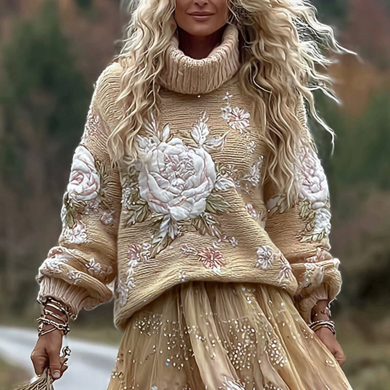 Vintage Rose In Gradient Yellow Art Cozy Knit Turtleneck Sweater And Linen Skirt Two-piece Set