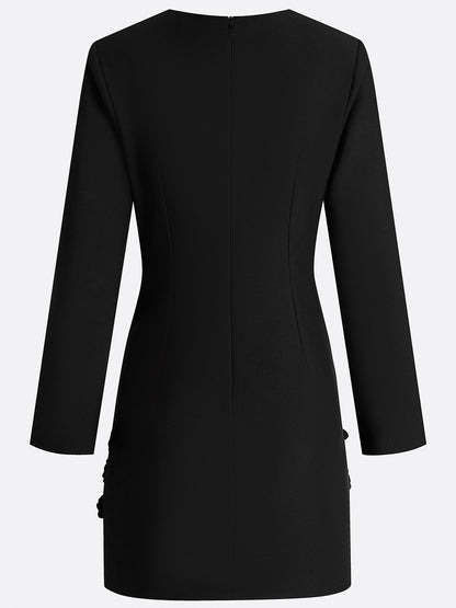 Black 3D Floral Classic Crew Neck Long Sleeve Bell Sleeve A-Line Mini Dress