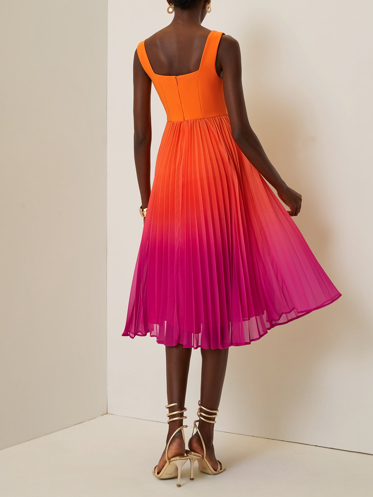 Orange Pleated Ombre Classic Square Neck Sleeveless A-Line Midi Dress