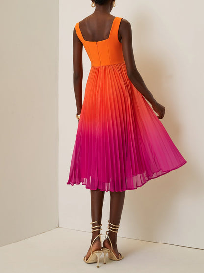 Orange Pleated Ombre Classic Square Neck Sleeveless A-Line Midi Dress