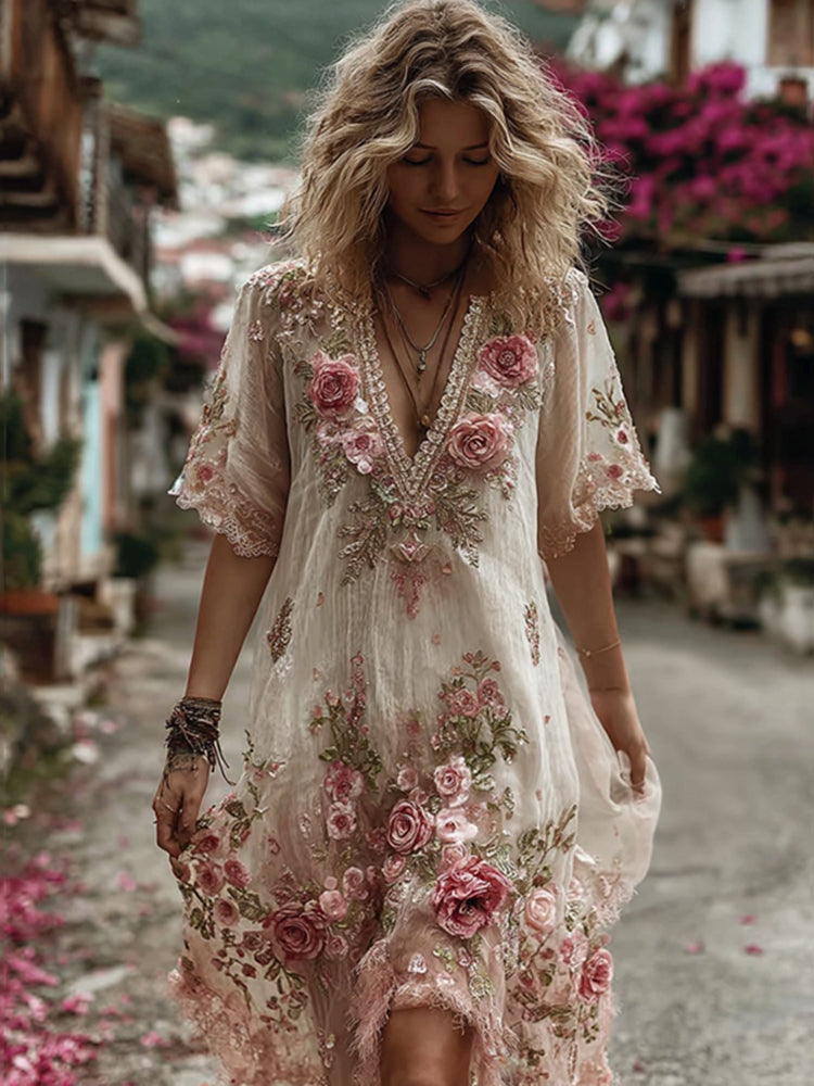 Women's Floral Embroidery Art V Neck Comfy Dress