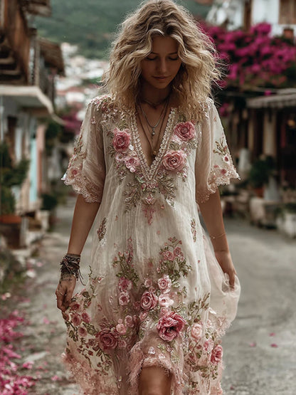 Women's Floral Embroidery Art V Neck Comfy Dress