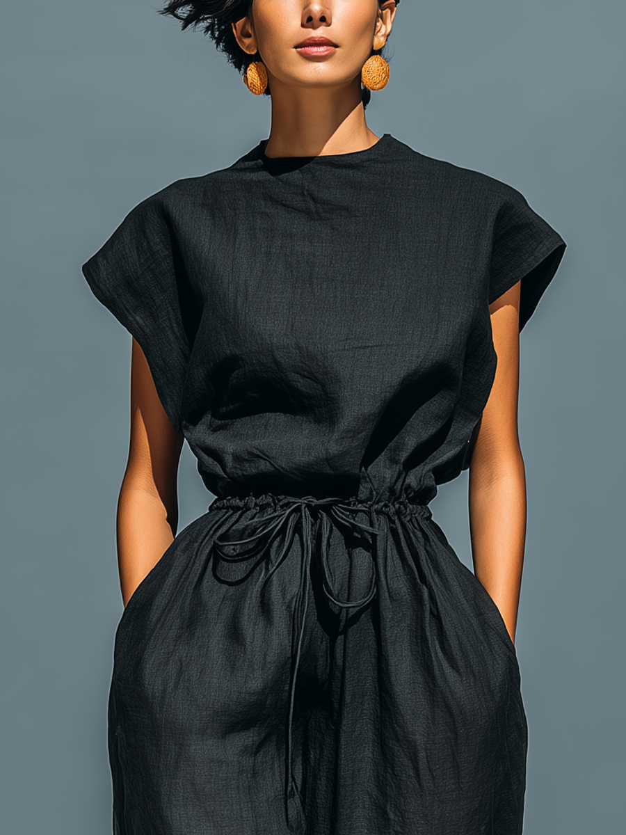 Women’s Black Linen-Blend Round Neck Cap Sleeve Drawstring Waist Backless Wide-Leg Jumpsuit MDZ2209D3T